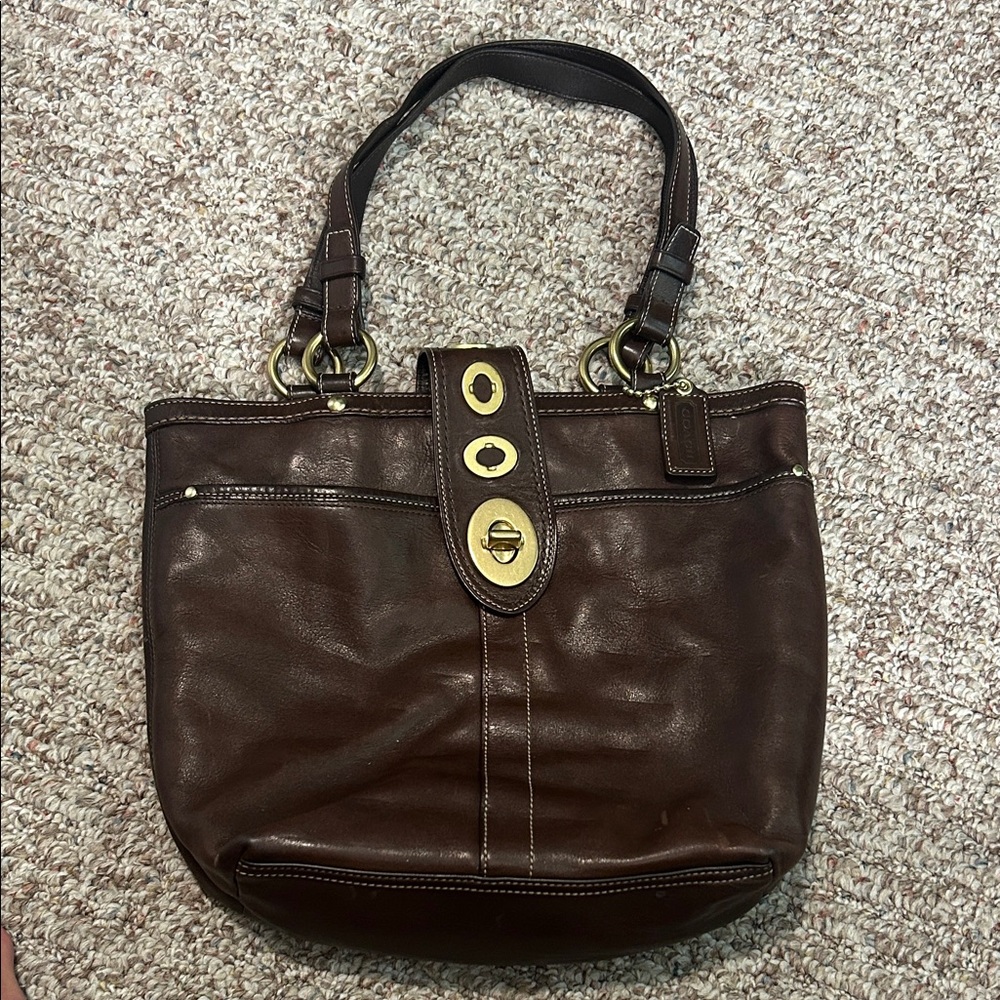 Coach Dark Brown Leather Tote with Gold Accents